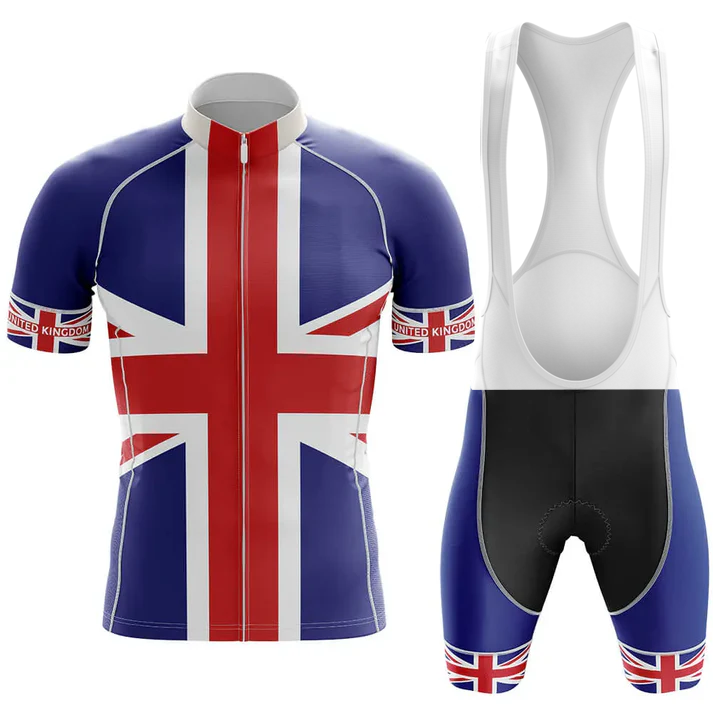 The Felt Men Short Sleeve Cycling Set showcases a Union Jack flag design in red, white, and blue. The jersey features a front zipper and short sleeves, while the bib shorts include white straps and matching flag accents on the hem.