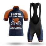 Chubby Unicorns Men Short Sleeve Cycling Set includes a jersey and bib shorts. The jersey says "Sloth Cycling Team: Speed doesn't matter, we'll finish when we finish" with a sloth riding a bike.