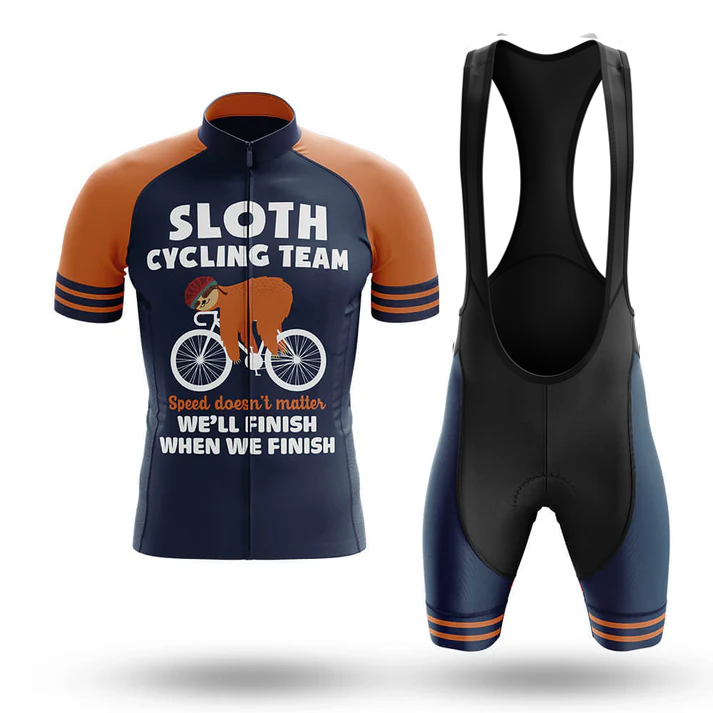 Chubby Unicorns Men Short Sleeve Cycling Set includes a jersey and bib shorts. The jersey says "Sloth Cycling Team: Speed doesn't matter, we'll finish when we finish" with a sloth riding a bike.