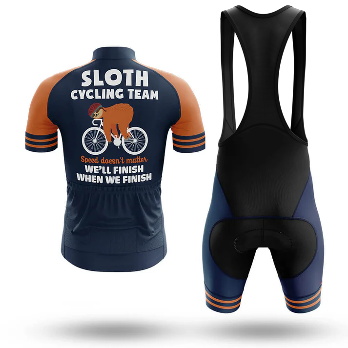 The Chubby Unicorns Men Short Sleeve Cycling Set includes a navy blue jersey with orange accents reading "SLOTH CYCLING TEAM," featuring a sloth on a bike and the phrase “Speed doesn’t matter, we’ll finish when we finish.” Includes matching bib shorts.