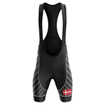 The Therapy Men Short Sleeve Cycling Set includes black bib shorts with dark gray diagonal stripes and a small Danish flag on the left leg, paired with a moisture-wicking short sleeve jersey for a sleek cycling outfit.