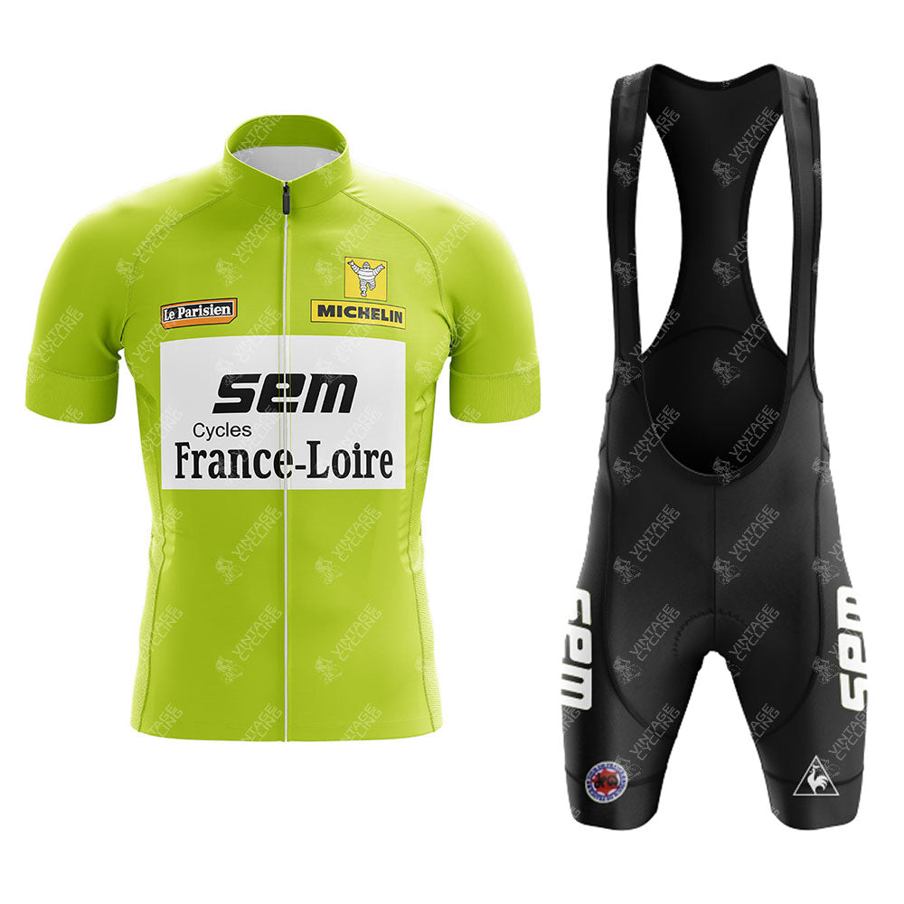 The SPLENDOR Retro Short Sleeve Cycling Set features a lime green customizable jersey with black and white sponsor logos, paired with matching black bib shorts—perfect for standout cycling style.