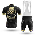 The California Men Short Sleeve Cycling Set features a performance jersey with a skull holding a bike and "RIDE OR DIE" on the back, plus matching black bib shorts with bicycle prints and gold-striped leg cuffs.