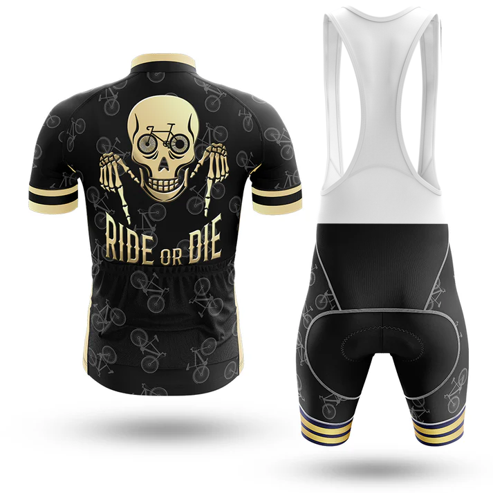 The California Men Short Sleeve Cycling Set features a performance jersey with a skull holding a bike and "RIDE OR DIE" on the back, plus matching black bib shorts with bicycle prints and gold-striped leg cuffs.