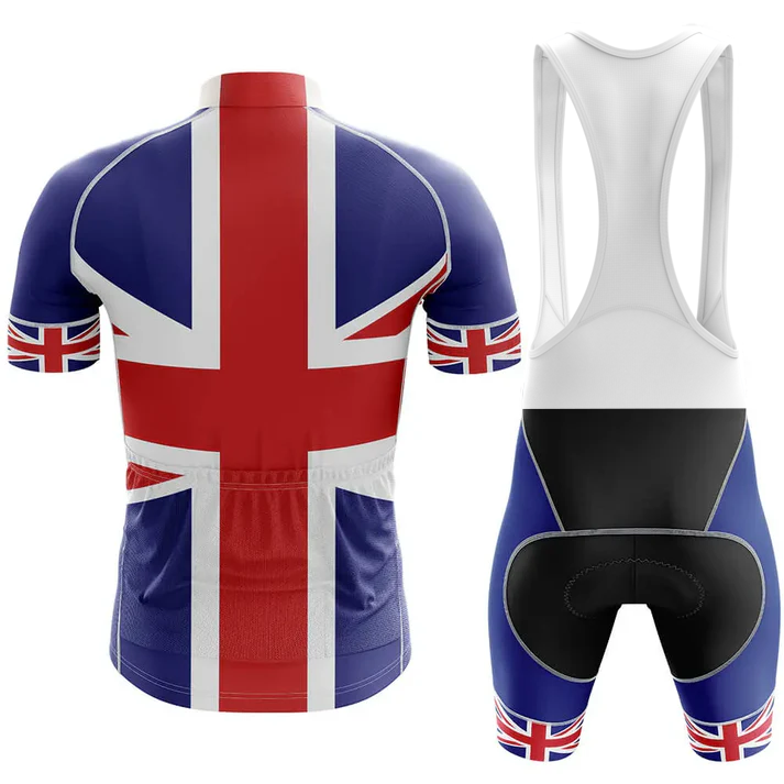 The Felt Men Short Sleeve Cycling Set features a Union Jack flag design on the back and sleeves, matching accents on the bib shorts, and includes a padded seat area for enhanced comfort.