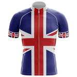 The Felt Men Short Sleeve Cycling Set features a red, white, and blue Union Jack flag design with "United Kingdom" printed on both sleeves near the cuffs.