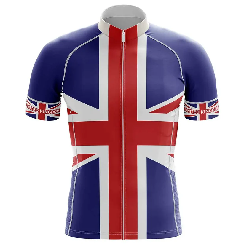 The Felt Men Short Sleeve Cycling Set features a red, white, and blue Union Jack flag design with "United Kingdom" printed on both sleeves near the cuffs.