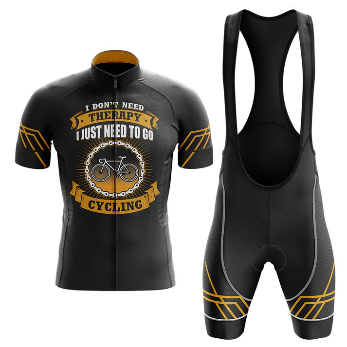 The Canada Men Short Sleeve Cycling Set features a black and yellow jersey with a bicycle graphic and the bold text "I DON’T NEED THERAPY, I JUST NEED TO GO CYCLING" in white and yellow letters.