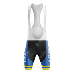 Designed with a retro style, the Mars Flandria Retro Short Sleeve Cycling Set includes cycling bib shorts featuring a white upper, blue lower half, yellow bands on the leg hems, and white side text—ideal for pairing with any classic Maes-Pils kit.