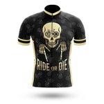 The California Men Short Sleeve Cycling Set is a bold black cycling jersey with beige accents, featuring a large skeleton shushing graphic and RIDE OR DIE text on the front, plus a subtle bicycle pattern in the background.