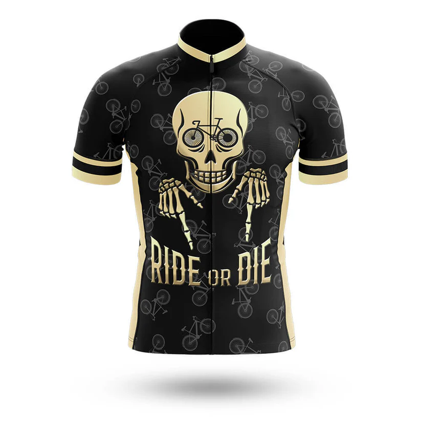 The California Men Short Sleeve Cycling Set is a bold black cycling jersey with beige accents, featuring a large skeleton shushing graphic and RIDE OR DIE text on the front, plus a subtle bicycle pattern in the background.