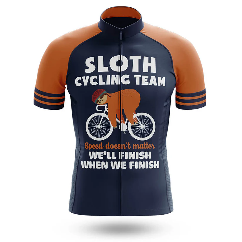 The Chubby Unicorns Men Short Sleeve Cycling Set features orange sleeves and a cartoon sloth on a bike with the text: "Sloth Cycling Team. Speed doesn't matter. We'll finish when we finish." Perfect for relaxed rides.