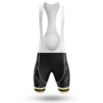 A pair of black and white cycling bib shorts with a white upper, black lower, gold bands, and a repeating bicycle pattern—perfect to pair with the California Men Short Sleeve Cycling Set—displayed on a white background.