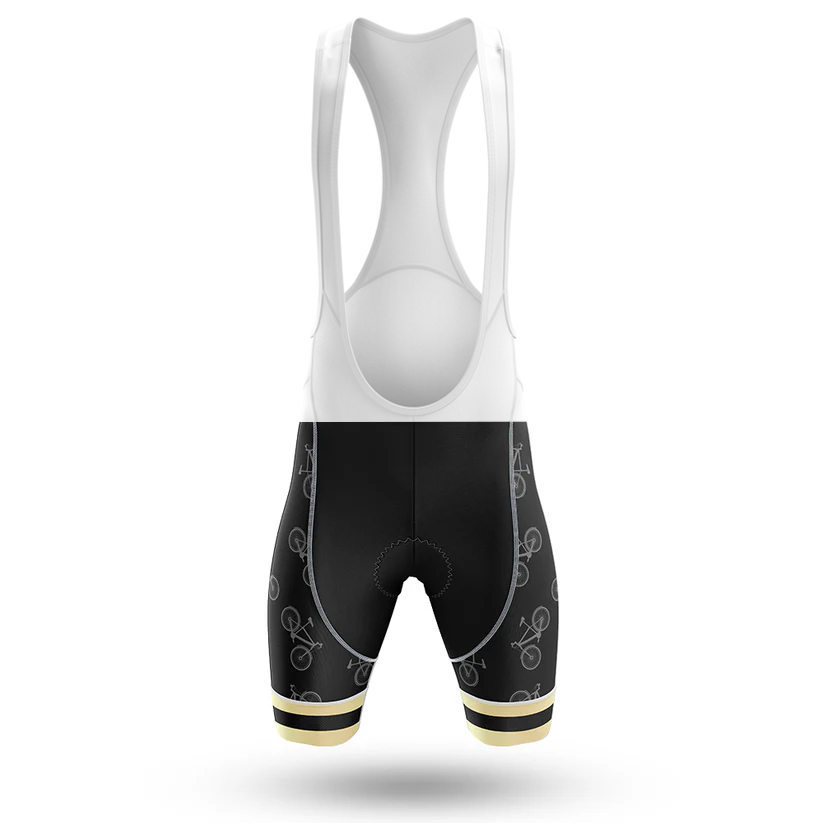 A pair of black and white cycling bib shorts with a white upper, black lower, gold bands, and a repeating bicycle pattern—perfect to pair with the California Men Short Sleeve Cycling Set—displayed on a white background.