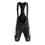 The SPLENDOR Retro Short Sleeve Cycling Set includes black bib shorts with white WSM text on each leg, a small round colorful patch on the left thigh, a white triangle logo on the right thigh, and comfy shoulder straps for a stylish complete look.