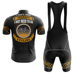 The Canada Men Short Sleeve Cycling Set features a performance jersey and bib shorts with orange accents. The jersey’s back has a bicycle and chain graphic with the text: I don’t need therapy, I just need to go cycling.