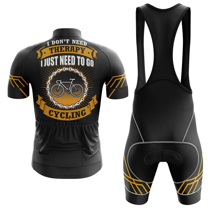 The Canada Men Short Sleeve Cycling Set features a performance jersey and bib shorts with orange accents. The jersey’s back has a bicycle and chain graphic with the text: I don’t need therapy, I just need to go cycling.