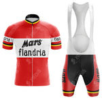 The MIKO Purple Retro Short Sleeve Cycling Set features a striking red and white jersey with black, yellow, and white bib shorts. Red and black patterned leg bands complete this stylish choice for cycling enthusiasts.