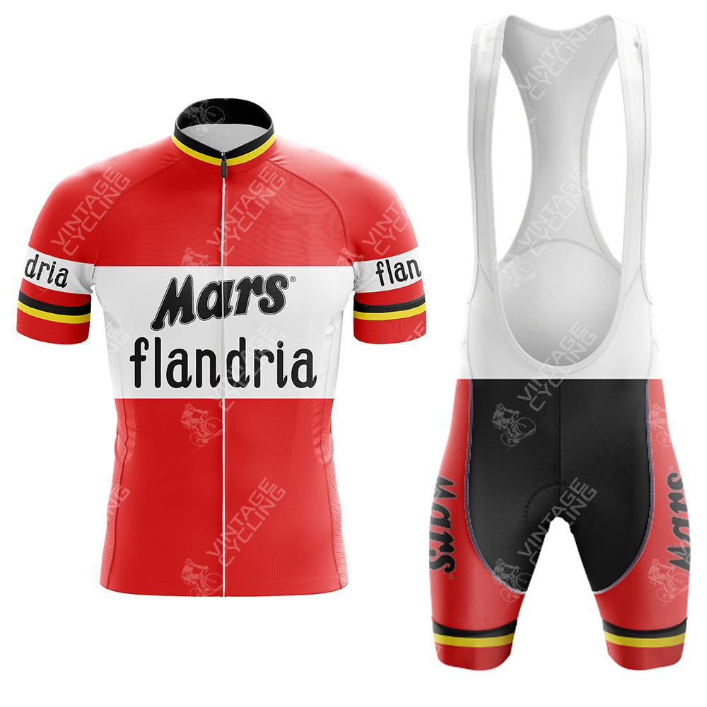 The MIKO Purple Retro Short Sleeve Cycling Set features a striking red and white jersey with black, yellow, and white bib shorts. Red and black patterned leg bands complete this stylish choice for cycling enthusiasts.