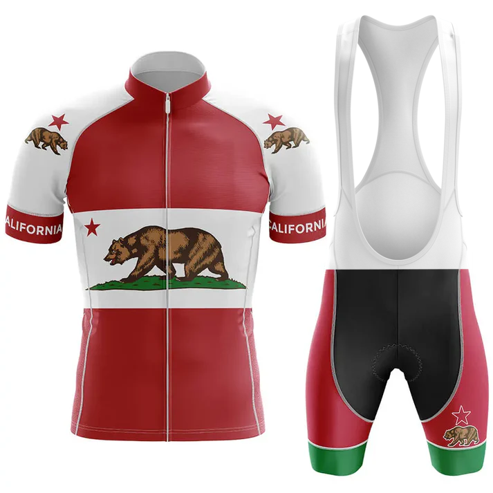 I'm Retired Men Short Sleeve Cycling Set features the California state flag design with a brown bear, red star, and "California" text on the sleeves, plus green, red, and black accents on the performance jersey and bib shorts.