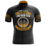 The Canada Men Short Sleeve Cycling Set includes a black performance jersey with yellow accents and the text "I don't need therapy, I just need to go cycling" circling a bicycle chain and wheel graphic on the front.