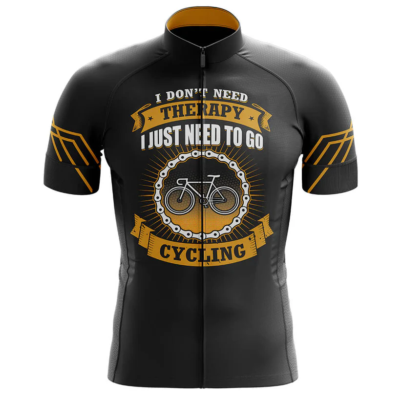The Canada Men Short Sleeve Cycling Set includes a black performance jersey with yellow accents and the text "I don't need therapy, I just need to go cycling" circling a bicycle chain and wheel graphic on the front.