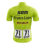 The SPLENDOR Retro Short Sleeve Cycling Set features a green customizable jersey with SEM, Cycles France-Loire, Michelin, and BNP logos, "71" number tags on the back, and "Sean Kelly"—ideal for fans wanting authentic retro style.