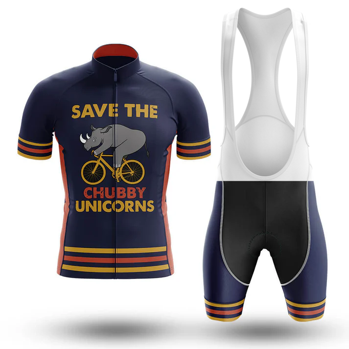 The Denmark V4 Men Short Sleeve Cycling Set includes a navy blue jersey with a cartoon rhino on a bike and "Save the Chubby Unicorns" text, plus black men's bib shorts with white straps, navy sides, and orange stripes.