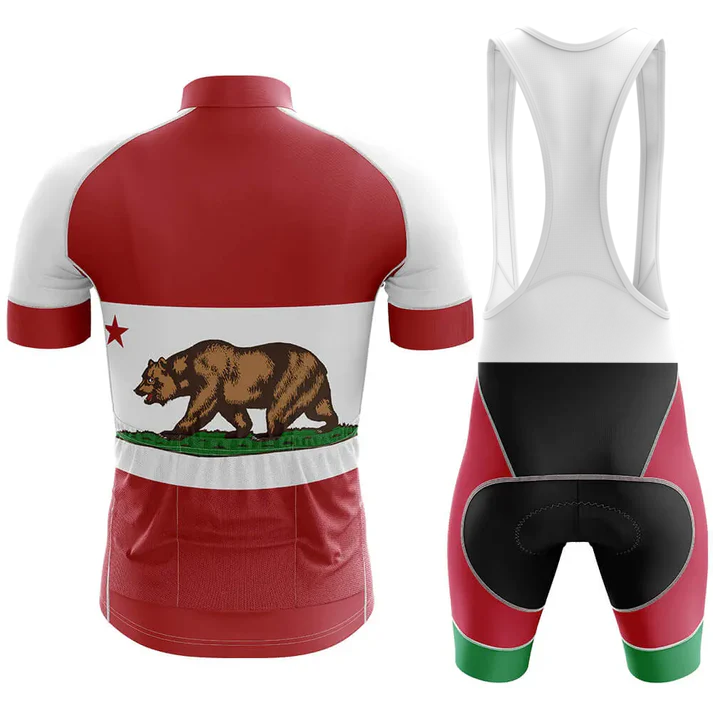 The I'm Retired Men Short Sleeve Cycling Set features a California state flag design with a bear and red star on the jersey, and matching red, black, and green bib shorts—an eye-catching set viewed from the back.