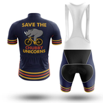 Front and back view of the Denmark V4 Men Short Sleeve Cycling Set. Features a jersey with a "SAVE THE CHUBBY UNICORNS" rhino bike design, inspired by the Chicago flag. Black men's bib shorts include padding and matching stripes.