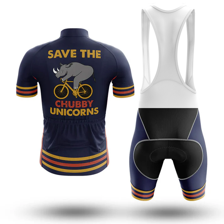 Front and back view of the Denmark V4 Men Short Sleeve Cycling Set. Features a jersey with a "SAVE THE CHUBBY UNICORNS" rhino bike design, inspired by the Chicago flag. Black men's bib shorts include padding and matching stripes.