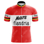 The MIKO Purple Retro Cycling Jersey boasts red and white colors with Mars and flandria logos. Made from lightweight polyester, it features black, yellow, and red striped sleeves alongside a full-length front zipper for ultimate riding comfort.