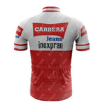 The 1984 CARRERA Retro Short Sleeve Cycling Set boasts a red and white back view with CARRERA Jeans inoxpran logos, three rear pockets, and a vintage design that mirrors the classic 1984 CARRERA style—ideal for cycling enthusiasts.