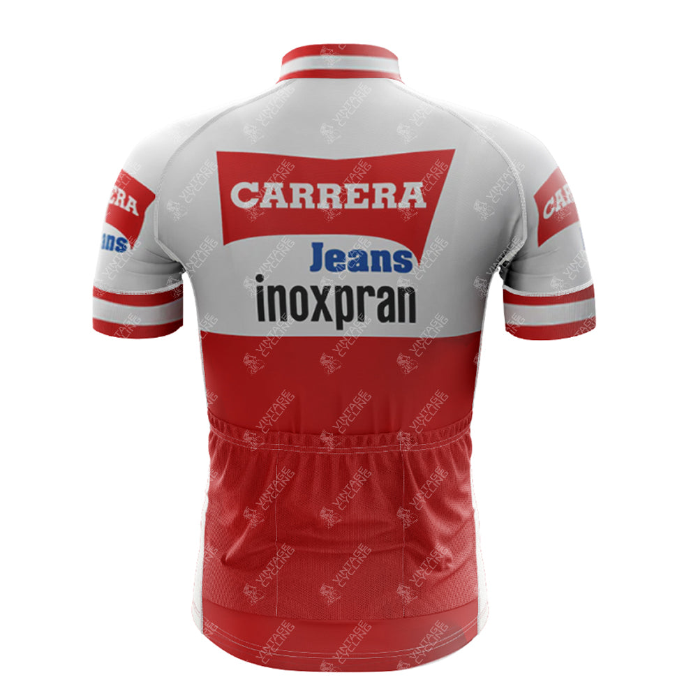 The 1984 CARRERA Retro Short Sleeve Cycling Set boasts a red and white back view with CARRERA Jeans inoxpran logos, three rear pockets, and a vintage design that mirrors the classic 1984 CARRERA style—ideal for cycling enthusiasts.