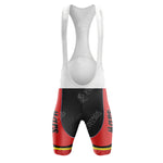 Front view of the Mars Flandria Retro cycling bib, featuring a red and black design with white straps and Mars branding. The shorts have a red upper section, black lower section, and yellow stripe at the bottom, beautifully complementing your MIKO Purple Retro Short Sleeve Cycling Set.