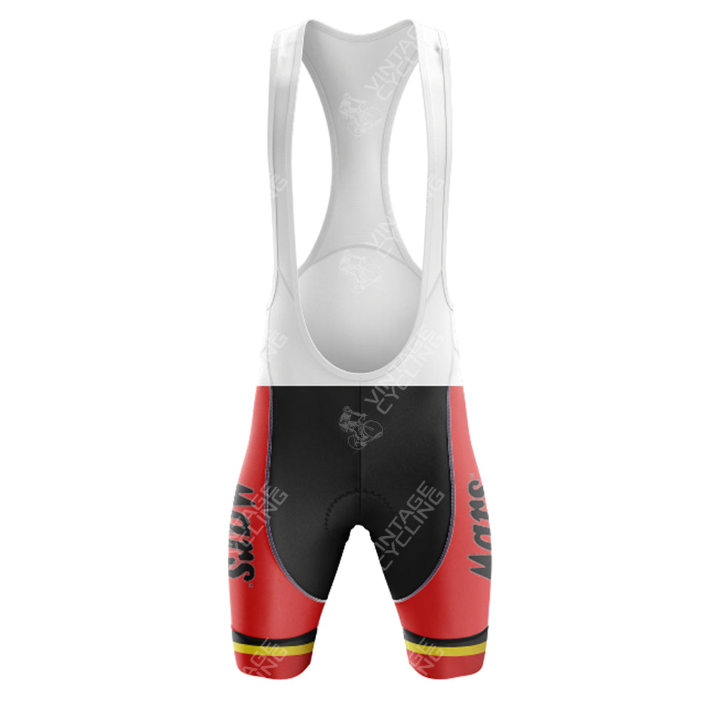 Front view of the Mars Flandria Retro cycling bib, featuring a red and black design with white straps and Mars branding. The shorts have a red upper section, black lower section, and yellow stripe at the bottom, beautifully complementing your MIKO Purple Retro Short Sleeve Cycling Set.