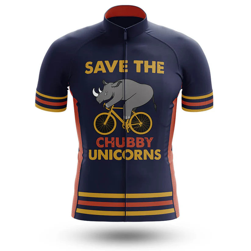 The Denmark V4 Men Short Sleeve Cycling Set features a navy blue jersey with orange sleeve and side stripes, men's bib shorts, a cartoon rhino on a bike, and bold "SAVE THE CHUBBY UNICORNS" text for standout style.