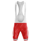 The 1984 CARRERA Retro Short Sleeve Cycling Set includes red and white bib shorts with shoulder straps, CARRERA branding on the legs, a vintage-inspired fabric pattern, and reflective hem details reminiscent of the 1984 CARRERA era.