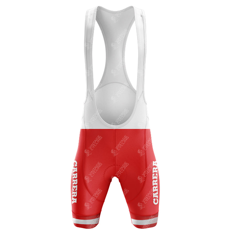 The 1984 CARRERA Retro Short Sleeve Cycling Set includes red and white bib shorts with shoulder straps, CARRERA branding on the legs, a vintage-inspired fabric pattern, and reflective hem details reminiscent of the 1984 CARRERA era.