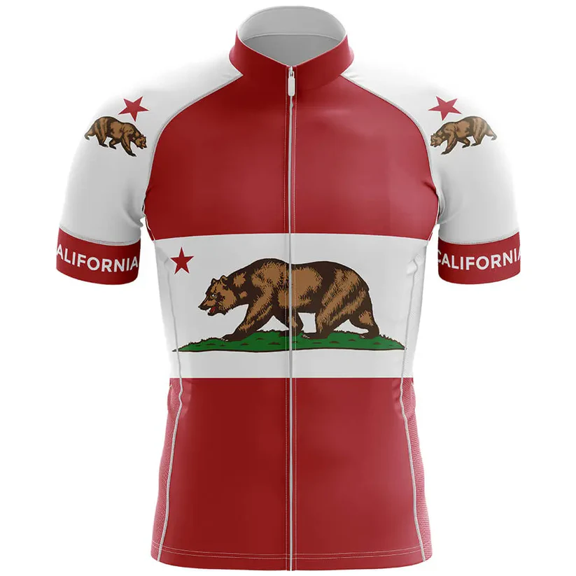 The "I'm Retired" Men Short Sleeve Cycling Set features a California-inspired design with a grizzly bear, red star, and "California" text on the sleeves. The performance jersey is available in stylish red, white, and brown.