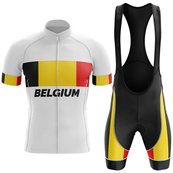 A white Rock Chalk KU Men Short Sleeve Cycling Set featuring "BELGIUM" text and Belgian flag colors—black, yellow, and red—on the chest, sleeves, sides of the performance jersey, and matching bib shorts.