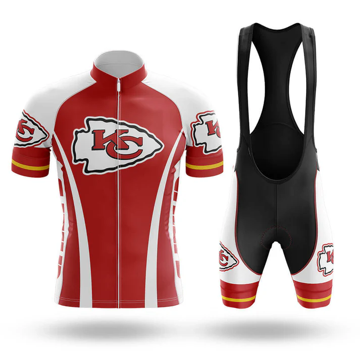 The Chief Short Sleeve Cycling Set (Copy) features a red and white design with yellow and white stripes, a zippered jersey, matching bib shorts, and the Kansas City Chiefs logo—ideal customizable cycling gear for fans.