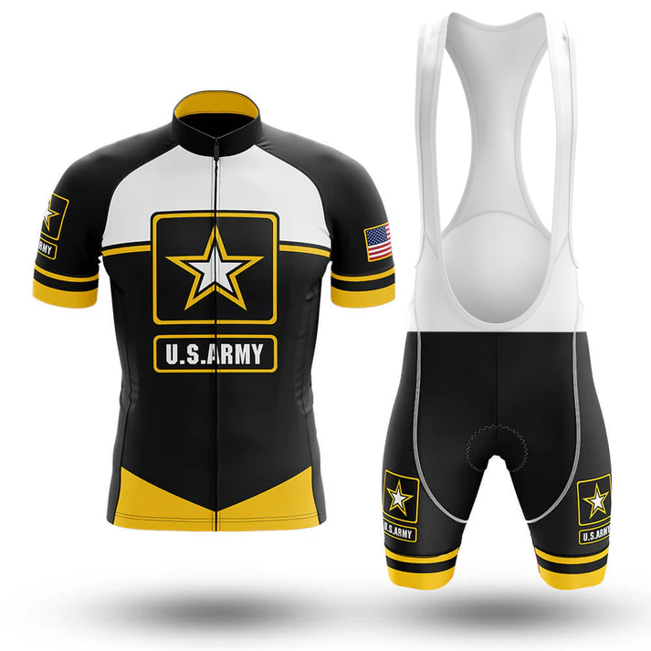 The I Like Beer Men Short Sleeve Cycling Set features a black, white, and yellow moisture-wicking kit with a U.S. Army star logo and text on the front, an American flag patch on the sleeve, and matching logos on the shorts.