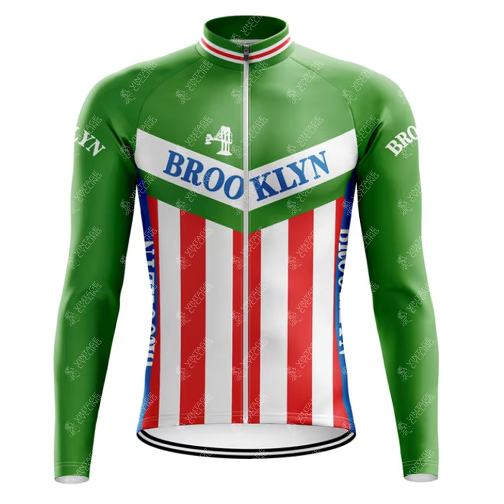 The Brooklyn Chewing Gum Retro Cycling Jersey Long Set features a green top, red-and-white vertical stripes on the lower half, Brooklyn in blue across the chest, and blue and red side accents, echoing the iconic design.