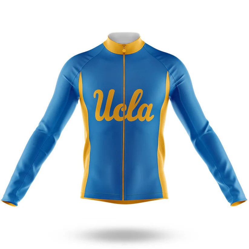 A red and yellow men’s long sleeve cycling jersey with "USC" on the chest is displayed on a featureless mannequin torso against a white background—ideal for cool weather rides.