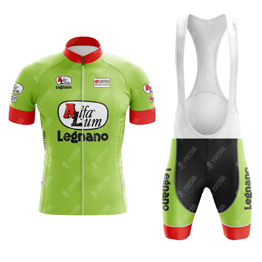 The Alfa Lum Legnano White Retro Short Sleeve Cycling Set includes a green jersey and matching bib shorts with red, white, and black accents plus Alfa Lum, Legnano, and sponsor logos on the front, sleeves, and bib.