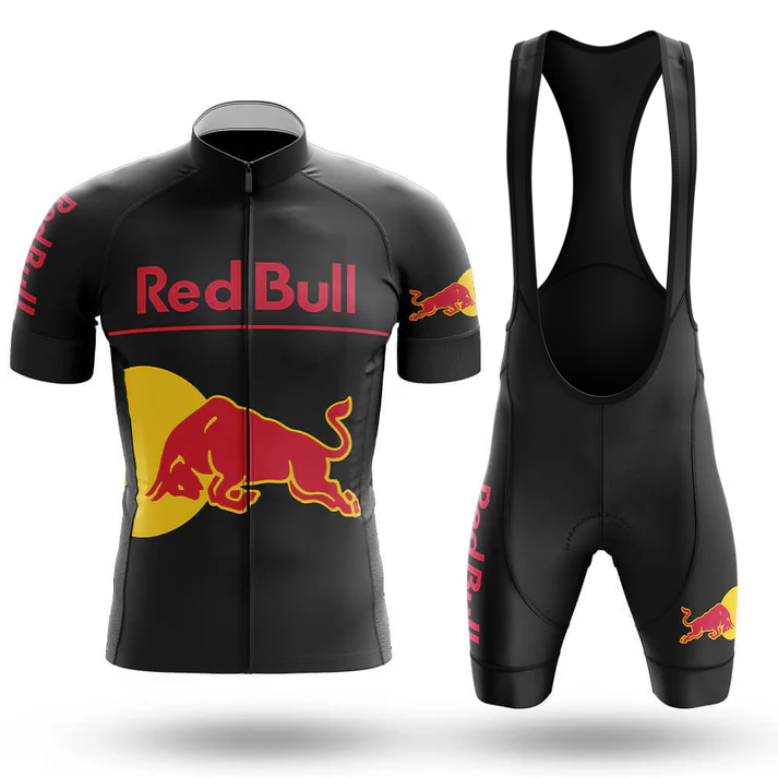 The Red Bull V2 Men Short Sleeve Cycling Set (Copy) is a black cycling jersey and bib short set with red and yellow Red Bull logos on the chest, sleeves, and thigh, shown on a white background.