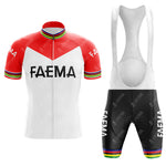 Experience the FAEMA White Retro Short Sleeve Cycling Set, featuring a red and white jersey with FAEMA on the chest and rainbow-striped sleeves, paired with black bib shorts showcasing FAEMA text and matching rainbow stripes on the leg hems.