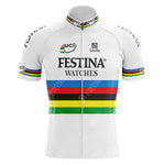 The Filotex Retro Cycling Jersey features bold green, yellow, black, red, and blue stripes. Made from lightweight polyester, it showcases FESTINA WATCHES, UCI, and Sibille logos on the front for a vintage feel.