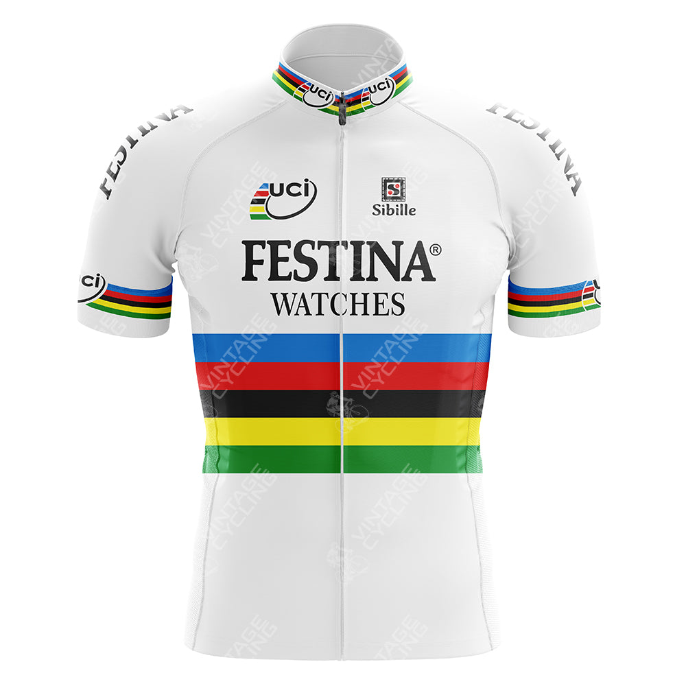 The Filotex Retro Cycling Jersey features bold green, yellow, black, red, and blue stripes. Made from lightweight polyester, it showcases FESTINA WATCHES, UCI, and Sibille logos on the front for a vintage feel.